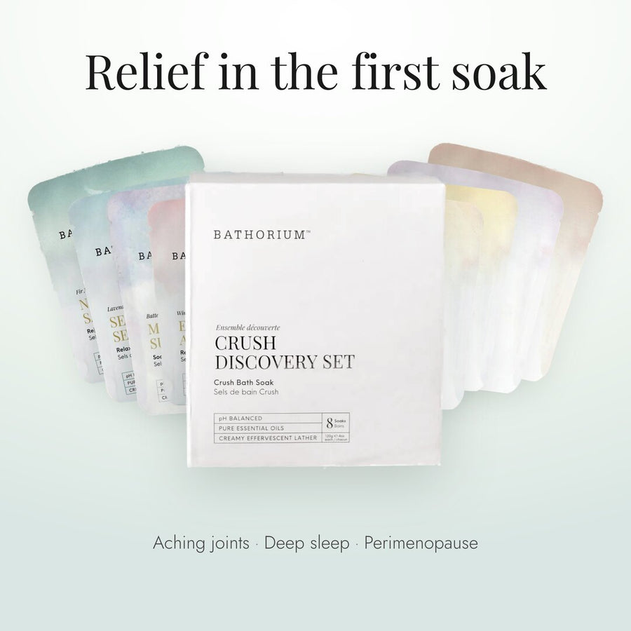Relief in the first soak. The Crush Discovery Set with its eight soaks fanned behind the box
