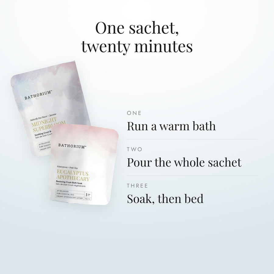 One sachet, twenty minutes: run a warm bath, pour the whole sachet, soak then bed