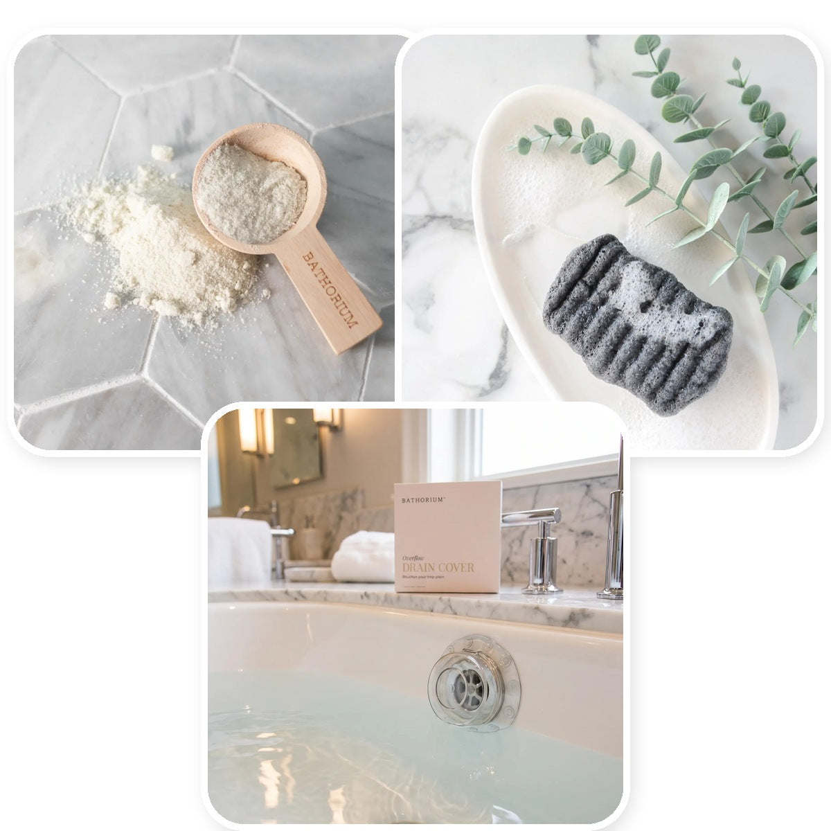 Free gifts: bamboo scoop, konjac sponge, overflow drain cover
