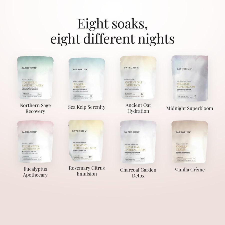 The eight soaks in the set, from Northern Sage Recovery to Vanilla Creme