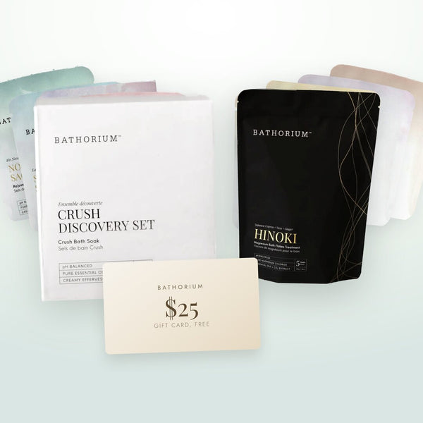 The Crush Discovery Set, Hinoki magnesium flakes and a $25 e-gift card