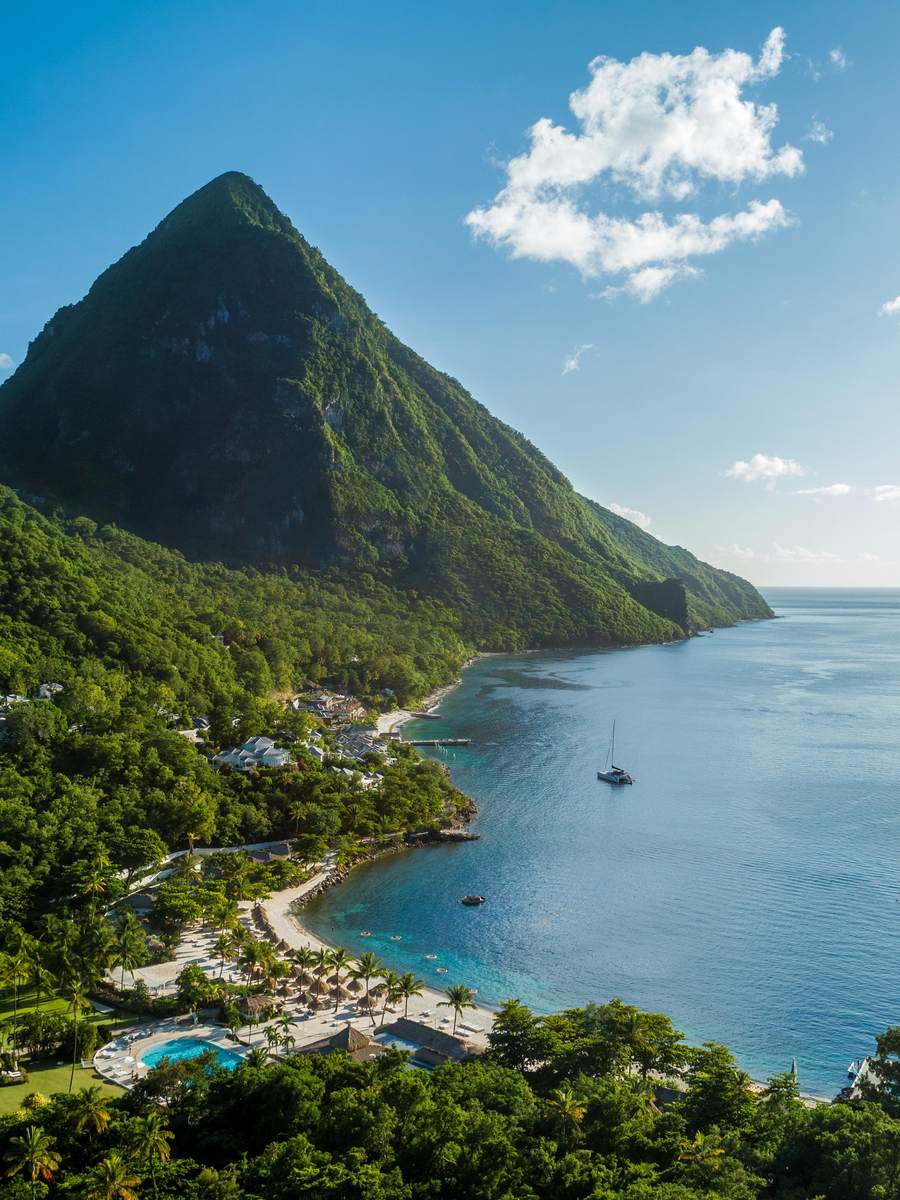 Sugar Beach and the cove between the Pitons seen from above