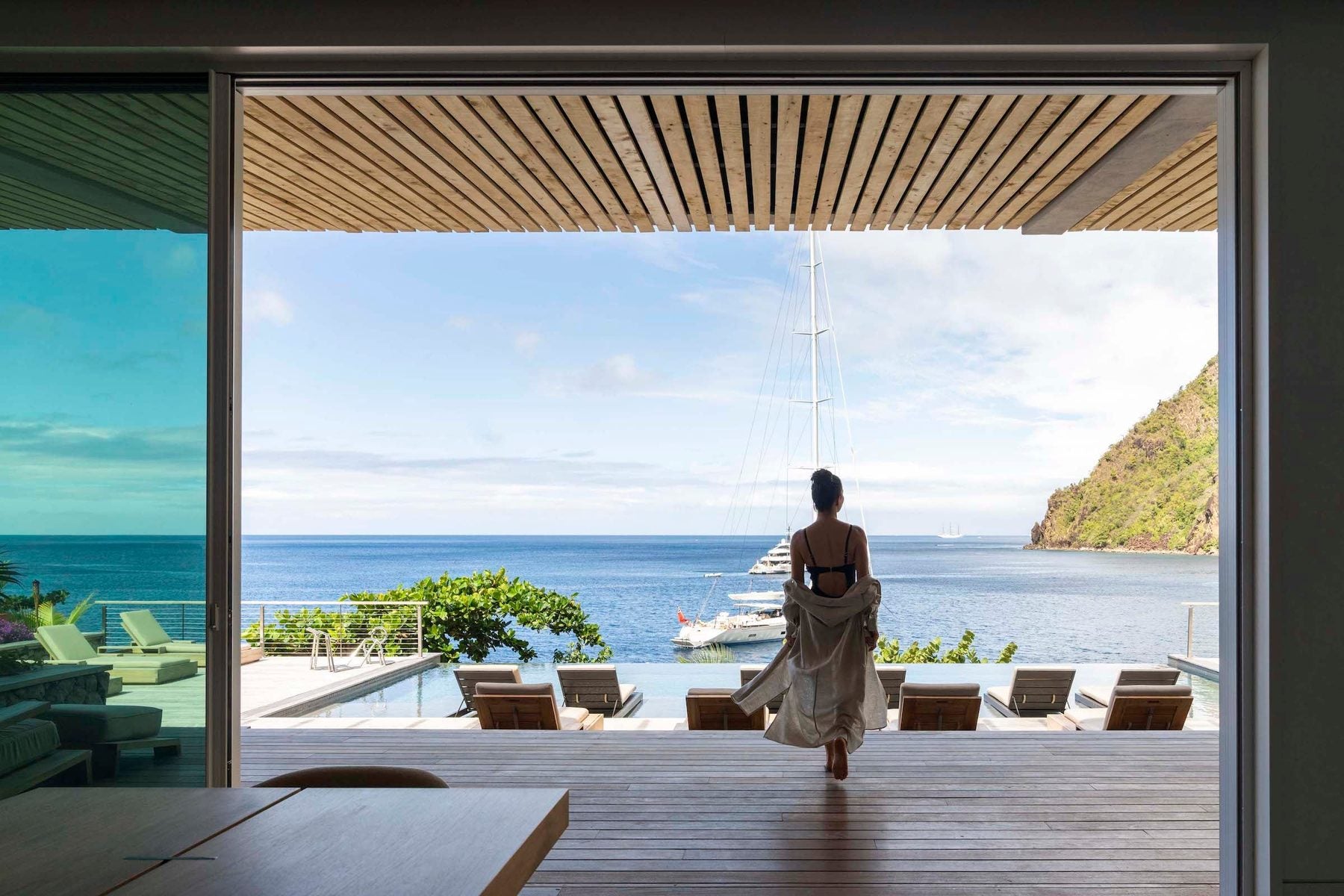 The terrace at Sugar Beach, A Viceroy Resort, looking out at the Pitons